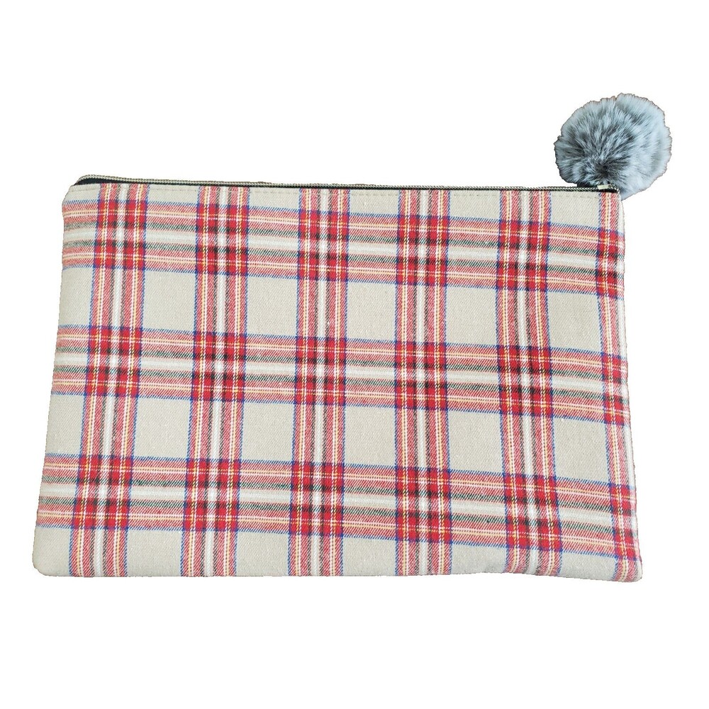 Unbranded Plaid Red Tan Tablet Zipper Pouch w/Pom Pom Zipper Pull 13” x 9”